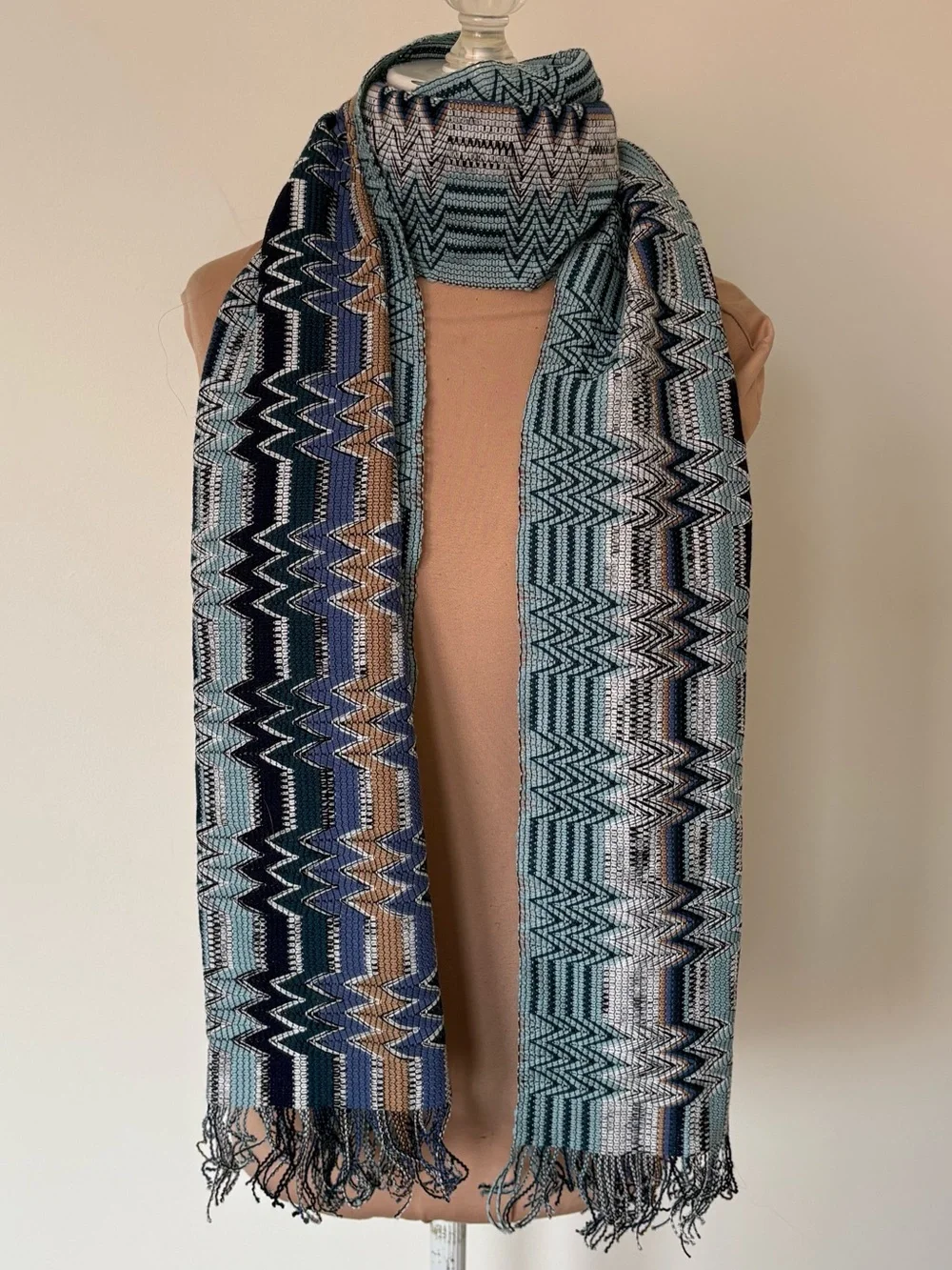 Missoni Wool ZigZag Patterned Blue Multi Fringe Edge Wrap Scarf NWOT 72.5”x16”
